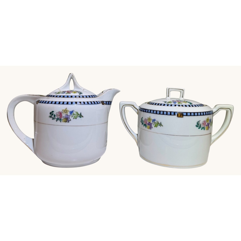 Antique Noritake Sheridan Creamer & Sugar Set Floral Blue Black Border Gold Gilt